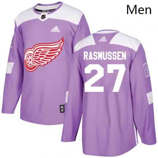Mens Adidas Detroit Red Wings 27 Michael Rasmussen Authentic Purple Fights Cancer Practice NHL Jersey